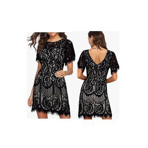 Cocktail Dresses for Women Lace Floral Party Round Neck Flowy Short Sleeves